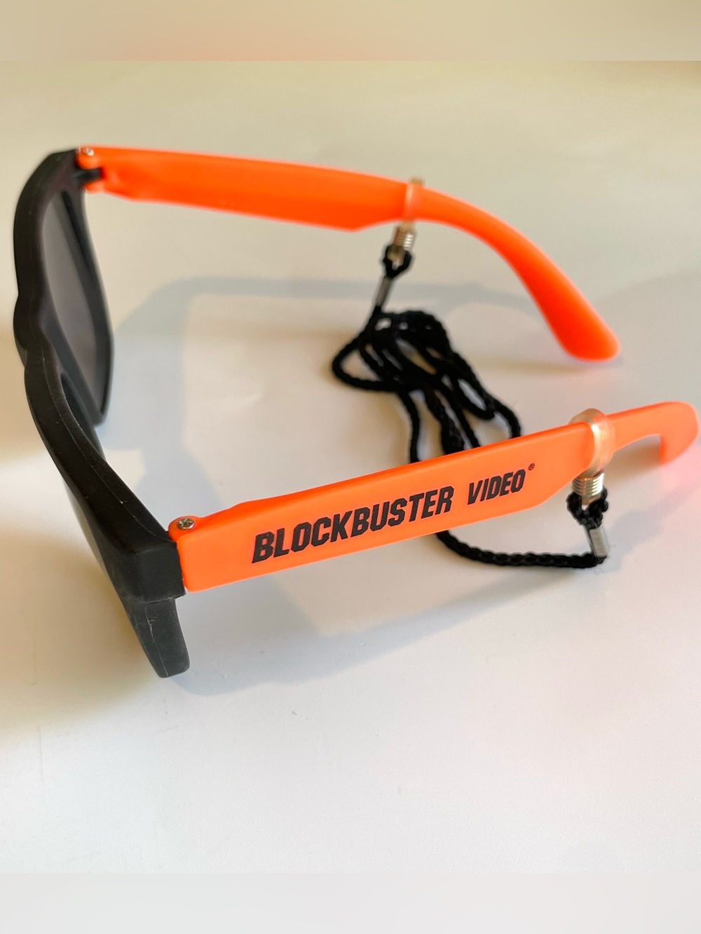 Vintage Neon Orange Blockbuster promo Sunglasses with croakie string holder